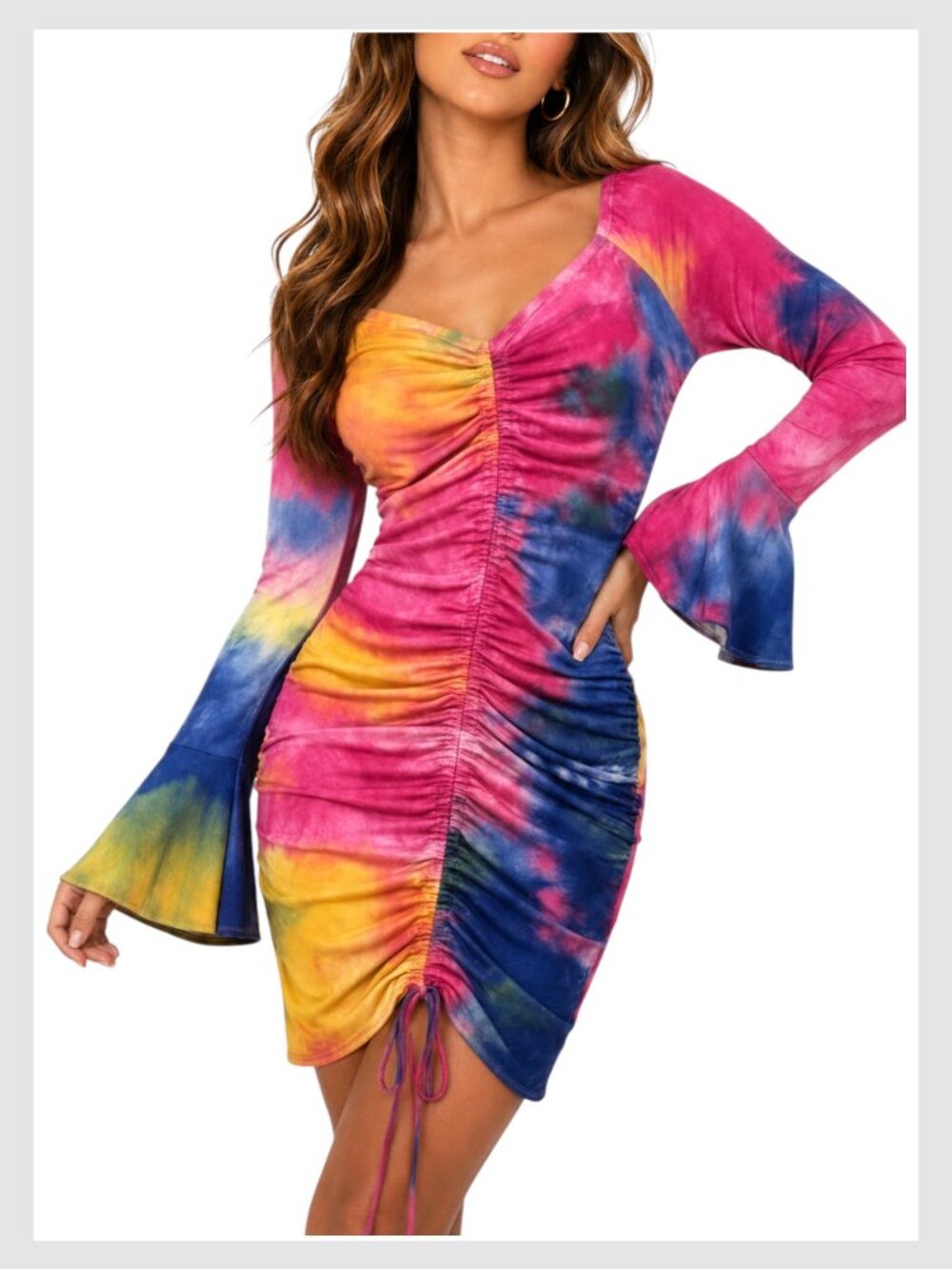 Queen Mania Festival Ruched Mini Dress Bell Sleeve S